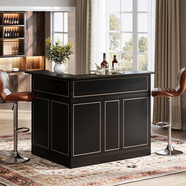 Ebern Designs L-Shaped Bar Cabinet, 4-Tier Home Bar Table with Stemware ...
